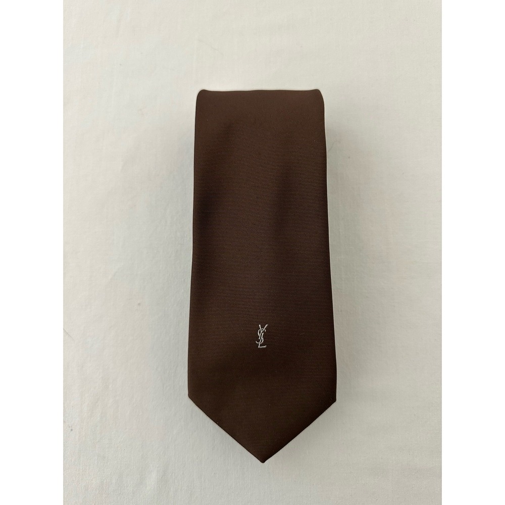 Vintage Yves Saint Laurent Classic Neck Tie Embroidered Logo Retro Brown